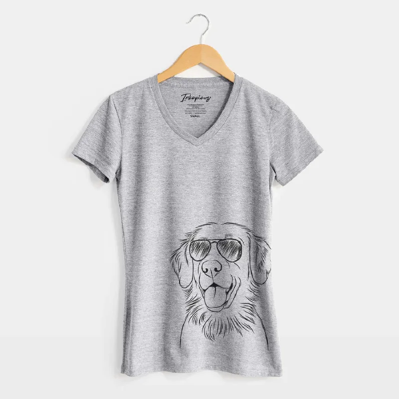 Aviator Raisin the Flat Coated Retriever - Women's V-neck Shirt-- Zippered Front Buttoned Front Snap Front Aviator Raisin the Flat Coated Retriever - Women's V-neck Shirt-- Zippered Front Buttoned Front Snap Front