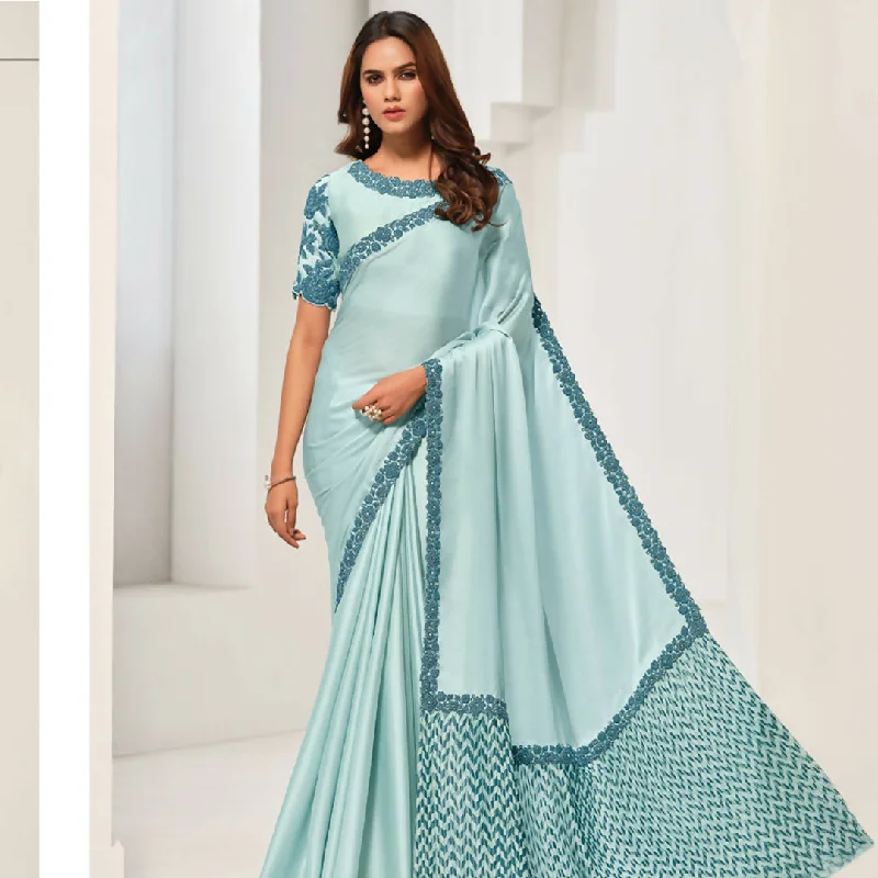 Light Blue Crepe Satin Silk Sequence Work Saree With Unstitched Blouse - Norita Saanjh Sheer Sleeve Blouse Light Blue Crepe Satin Silk Sequence Work Saree With Unstitched Blouse - Norita Saanjh Sheer Sleeve Blouse
