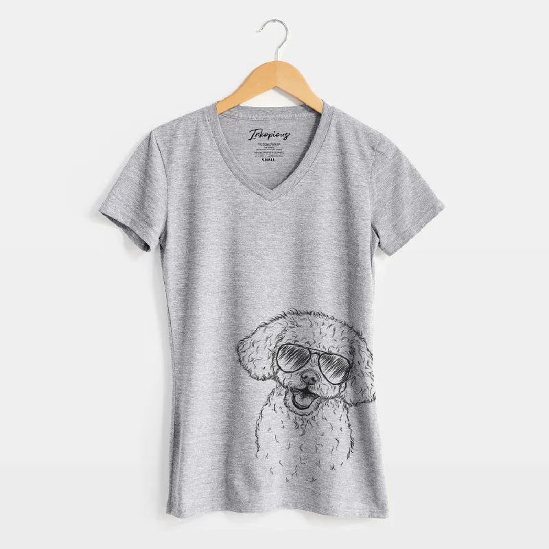 Aviator Caesar the Bichon Frise - Women's V-neck Shirt-- Striped Floral Plaid