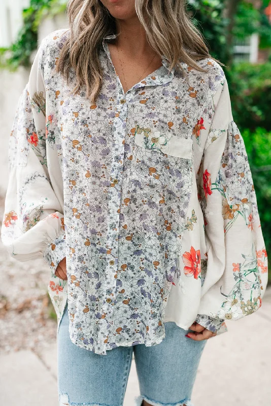 Blue Zone Planet |  Purple Boho Floral Bishop Sleeve Button Up Loose Shirt-- Spandex Blend Rayon Blend Denim Blend