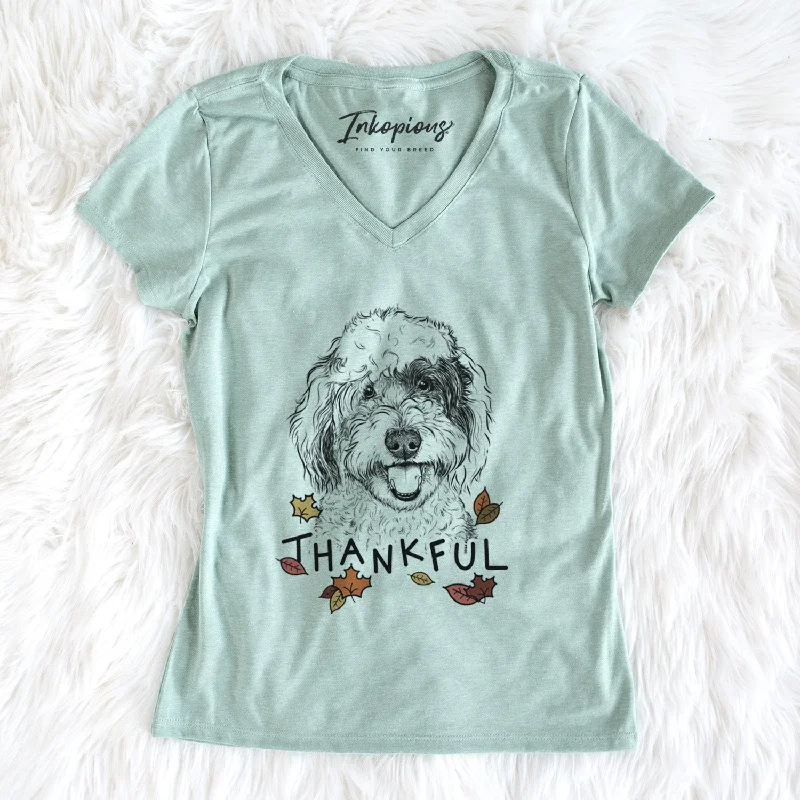 Thankful Sherlock the Sheepadoodle - Women's V-neck Shirt-- Cotton Fabric Linen Fabric Terry Fabric Thankful Sherlock the Sheepadoodle - Women's V-neck Shirt-- Cotton Fabric Linen Fabric Terry Fabric