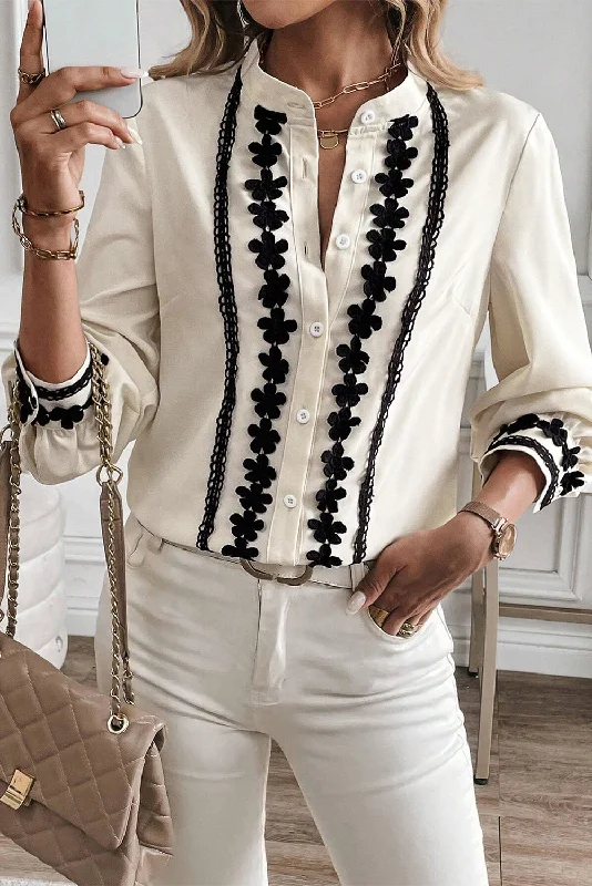 Blue Zone Planet | Beige Floral Embroidered Stand Neck Buttoned Shirt-- Modern Contemporary Chic Blue Zone Planet | Beige Floral Embroidered Stand Neck Buttoned Shirt-- Modern Contemporary Chic