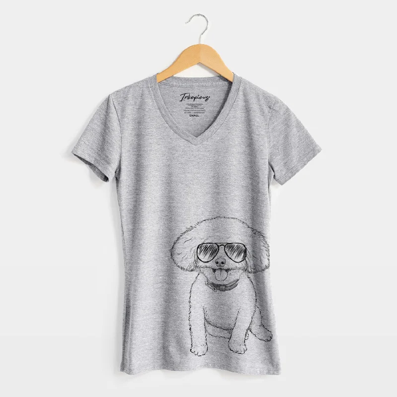 Aviator Peyton the Bichon Frise - Women's V-neck Shirt-- Mesh Blend Leather Blend Suede Blend Aviator Peyton the Bichon Frise - Women's V-neck Shirt-- Mesh Blend Leather Blend Suede Blend