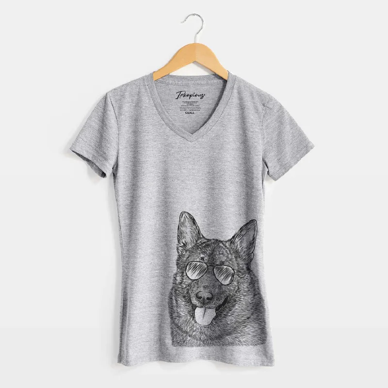 Aviator Kasia the Norwegian Elkhound - Women's V-neck Shirt-- Wool Fabric Cashmere Fabric Tweed Fabric Aviator Kasia the Norwegian Elkhound - Women's V-neck Shirt-- Wool Fabric Cashmere Fabric Tweed Fabric