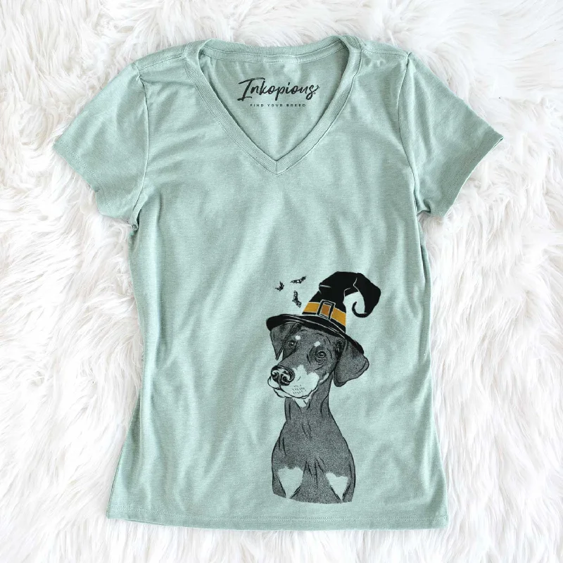 Witch Iroh the Doberman Pinscher - Women's V-neck Shirt-- Solid Print Embellished