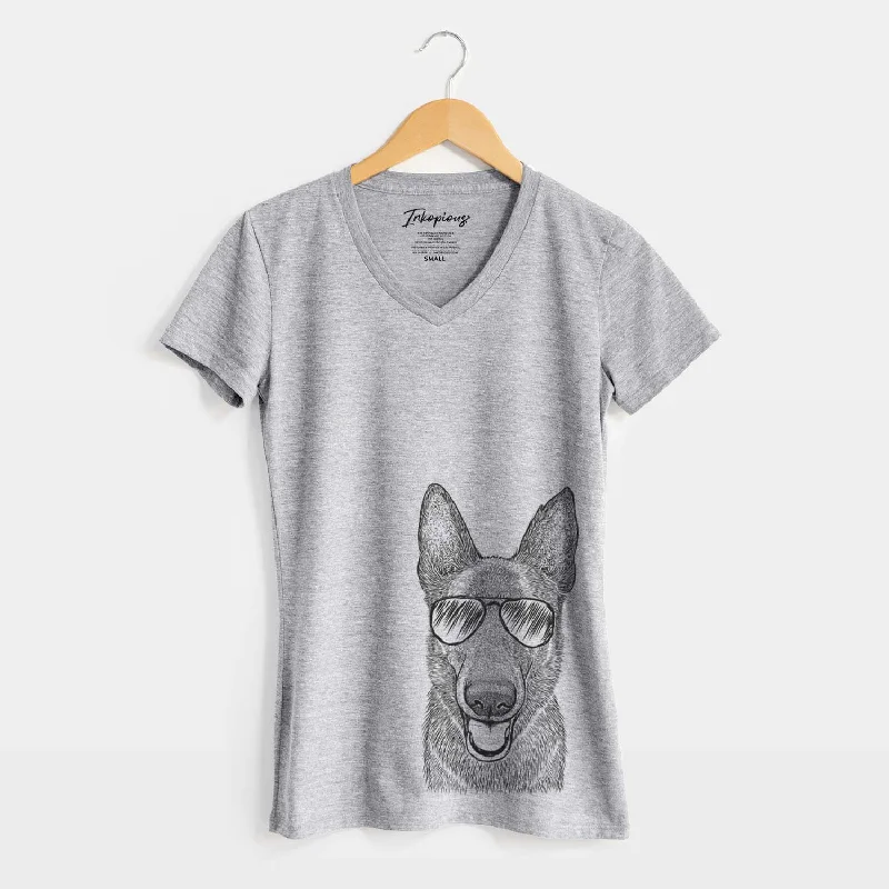 Aviator Nyx the German Shepherd - Women's V-neck Shirt-- Knit Fabric Woven Fabric Fleece Fabric Aviator Nyx the German Shepherd - Women's V-neck Shirt-- Knit Fabric Woven Fabric Fleece Fabric