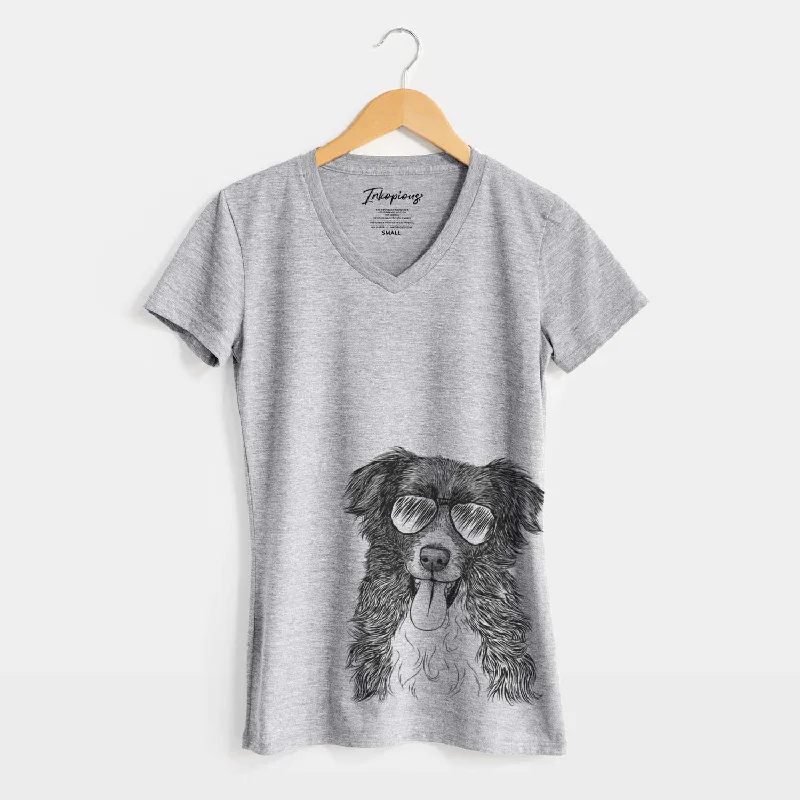 Aviator Indi the Border Collie - Women's V-neck Shirt-- Solid Print Embellished
