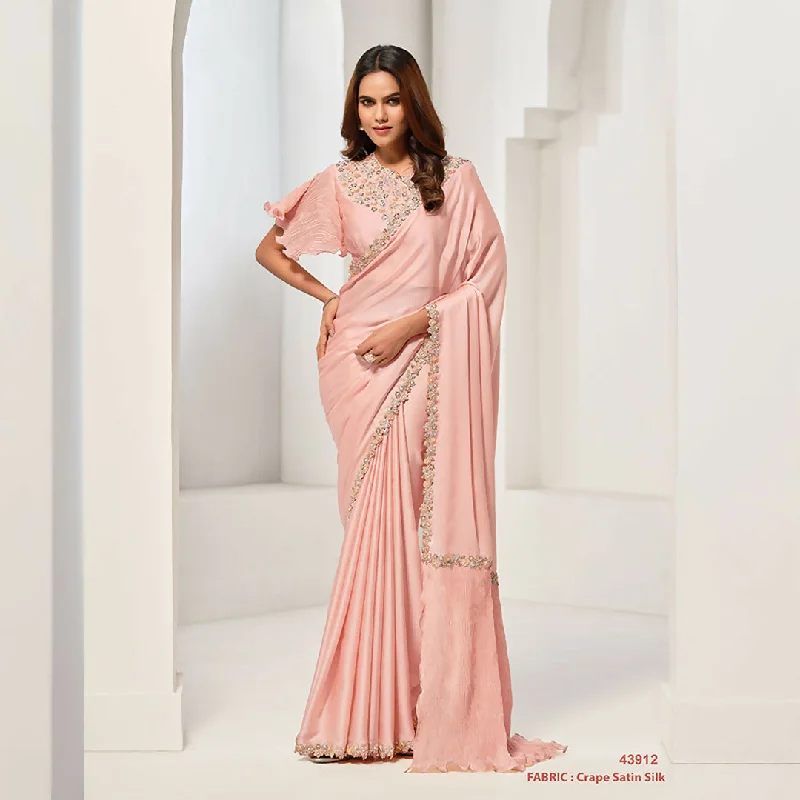 Peach Crepe Satin Silk Sequence & Handwork Saree With Unstitched Blouse - Norita Saanjh Double Button Blouse Peach Crepe Satin Silk Sequence & Handwork Saree With Unstitched Blouse - Norita Saanjh Double Button Blouse