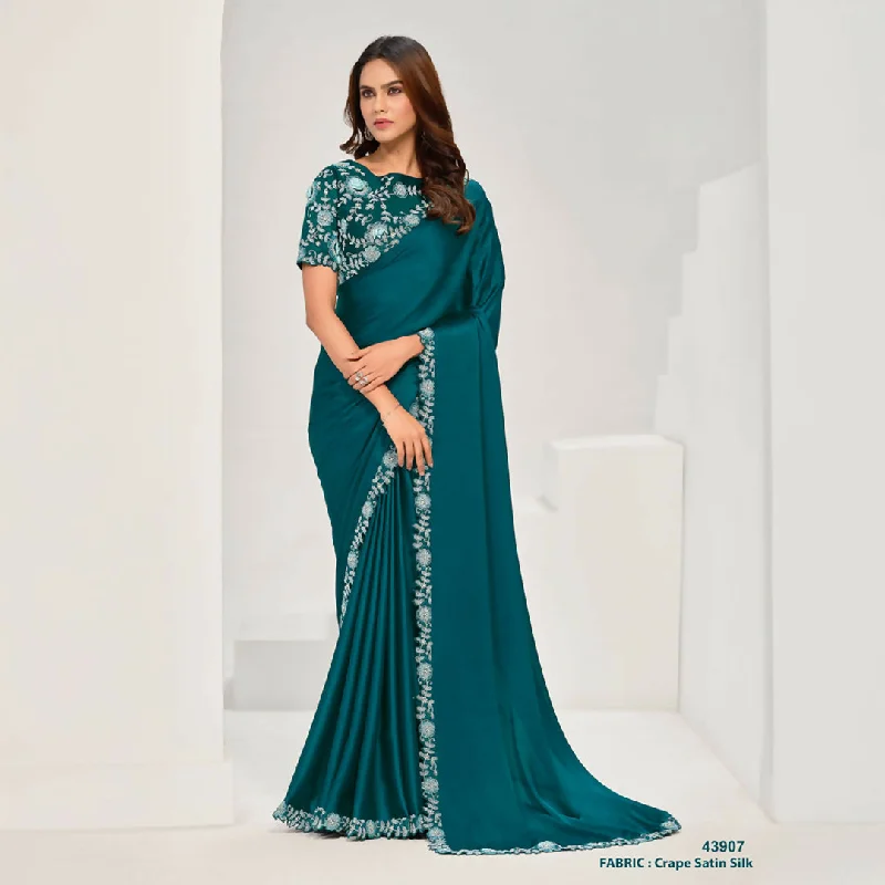 Teal Crepe Satin Silk Sequence & Applique Saree With Unstitched Blouse Piece - Norita Saanjh Asymmetric Hem Blouse Teal Crepe Satin Silk Sequence & Applique Saree With Unstitched Blouse Piece - Norita Saanjh Asymmetric Hem Blouse