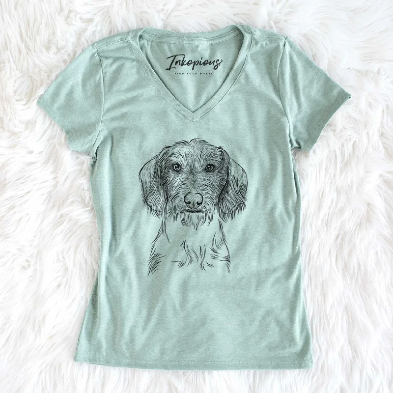 Bare Almond the Wirehaired Dachshund - Women's V-neck Shirt-- Chenille Blend Fleece Blend Nylon Blend Bare Almond the Wirehaired Dachshund - Women's V-neck Shirt-- Chenille Blend Fleece Blend Nylon Blend