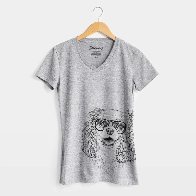 Aviator Halley Comet the Cavalier King Charles Spaniel - Women's V-neck Shirt-- Solid Color Striped Floral Aviator Halley Comet the Cavalier King Charles Spaniel - Women's V-neck Shirt-- Solid Color Striped Floral