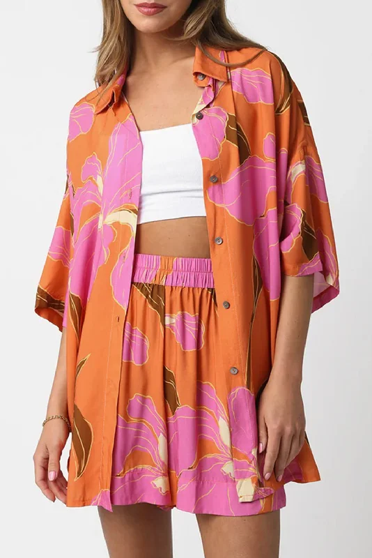Blue Zone Planet |  Russet Orange Floral Print Tunic Shirt and Shorts Set-- Sequined Glittery Shiny