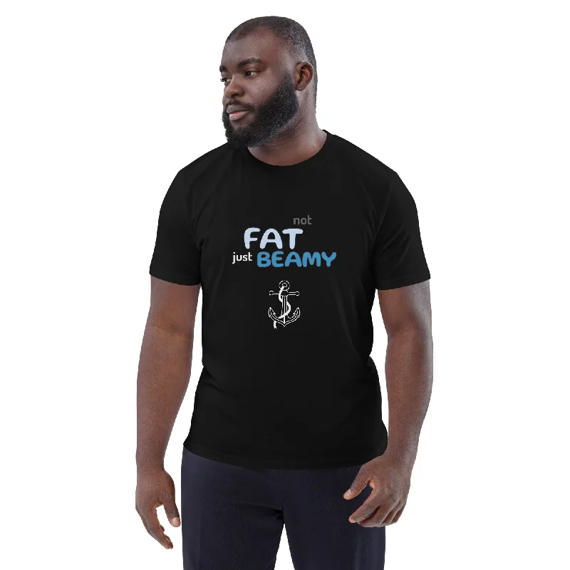 "not fat just beamy" Unisex Organic Cotton t-shirt in Black, French Navy and White with multicolor logo and anchor-- Fashionable Trendy Casual "not fat just beamy" Unisex Organic Cotton t-shirt in Black, French Navy and White with multicolor logo and anchor-- Fashionable Trendy Casual