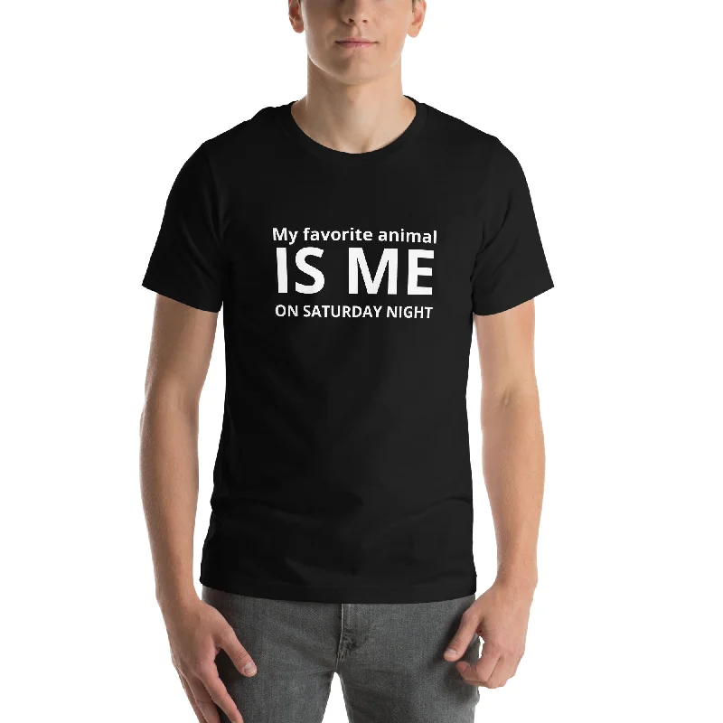 Unisex t-shirt ROX - MY FAVORITE ANIMAL IS ME ON SATURDAY NIGHT in black, navy, true royal and heather true royal with white logo-- Solid Print Embellished Unisex t-shirt ROX - MY FAVORITE ANIMAL IS ME ON SATURDAY NIGHT in black, navy, true royal and heather true royal with white logo-- Solid Print Embellished