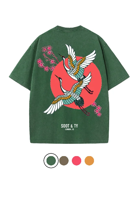 Soot and Ty Cherry Crane Print Relaxed Fit Stonewash T-shirt-- Chenille Fabric Brocade Fabric Lace Fabric Soot and Ty Cherry Crane Print Relaxed Fit Stonewash T-shirt-- Chenille Fabric Brocade Fabric Lace Fabric