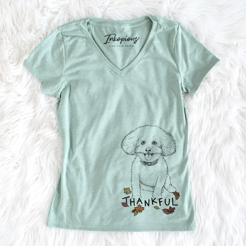 Thankful Peyton the Bichon Frise - Women's V-neck Shirt-- Polka Dot Checkered Tartan Thankful Peyton the Bichon Frise - Women's V-neck Shirt-- Polka Dot Checkered Tartan