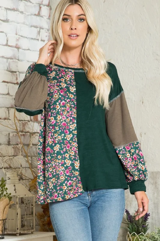 Blue Zone Planet |  Celeste Full Size Floral Color Block Exposed Seam T-Shirt-- Rayon Velvet Corduroy