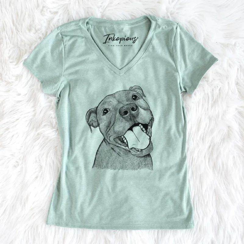 Bare Eloise the Pitbull Mix - Women's V-neck Shirt-- Mesh Blend Leather Blend Suede Blend Bare Eloise the Pitbull Mix - Women's V-neck Shirt-- Mesh Blend Leather Blend Suede Blend