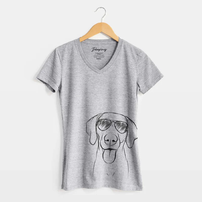Aviator Jackson the Weimaraner - Women's V-neck Shirt-- Mesh Fabric Canvas Fabric Denim Fabric Aviator Jackson the Weimaraner - Women's V-neck Shirt-- Mesh Fabric Canvas Fabric Denim Fabric