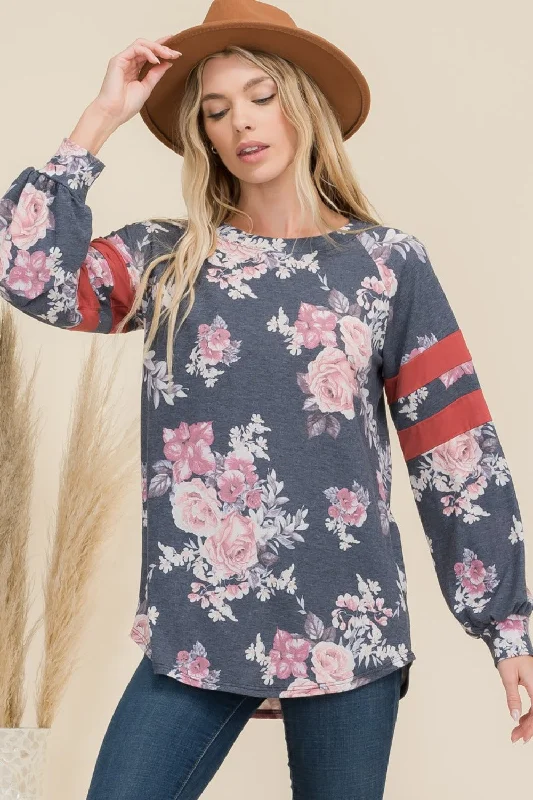 Blue Zone Planet | Celeste Full Size Floral Curved Hem T-Shirt with Stripe Detail-- Mesh Canvas Denim Blue Zone Planet | Celeste Full Size Floral Curved Hem T-Shirt with Stripe Detail-- Mesh Canvas Denim