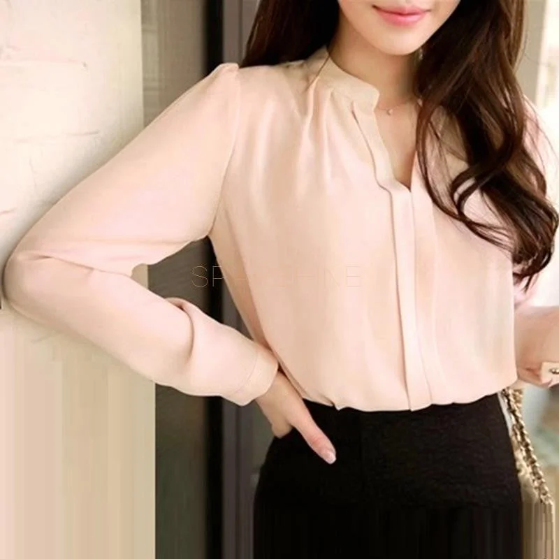Spring Women Chiffon Shirt Blouse Ladies White Pink Elegant Sexy V-neck Long Sleeve Shirts Female Office Shirt Plus Size Frilled Cuff Blouse