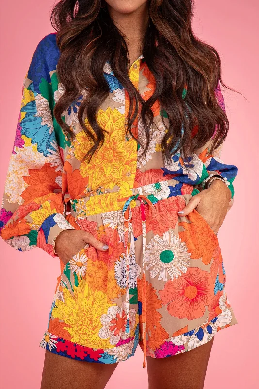 Blue Zone Planet | Orange Floral Printed Shirt Two Piece Drawstring Shorts Set-- Real Fur Shearling Chenille Blue Zone Planet | Orange Floral Printed Shirt Two Piece Drawstring Shorts Set-- Real Fur Shearling Chenille