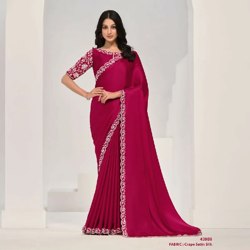 Pink Crepe Satin Silk Sequence Saree With Unstitched Blouse Piece - Norita Saanjh Balloon Sleeve Blouse Pink Crepe Satin Silk Sequence Saree With Unstitched Blouse Piece - Norita Saanjh Balloon Sleeve Blouse