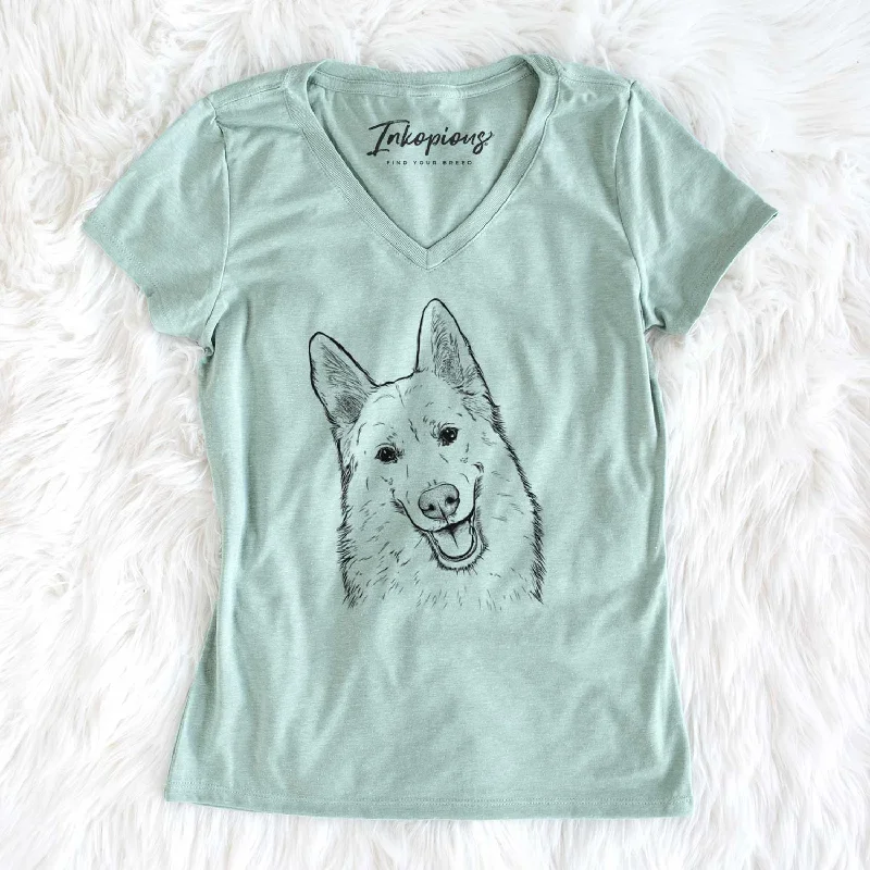Bare Loki the Husky Shepherd Mix - Women's V-neck Shirt-- Chenille Blend Fleece Blend Nylon Blend Bare Loki the Husky Shepherd Mix - Women's V-neck Shirt-- Chenille Blend Fleece Blend Nylon Blend