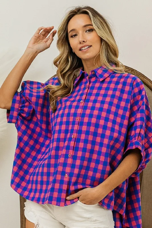 Hazel Blues® | BiBi Plaid Button Up Dolman Sleeve Shirt-- Spandex Blend Rayon Blend Denim Blend Hazel Blues® | BiBi Plaid Button Up Dolman Sleeve Shirt-- Spandex Blend Rayon Blend Denim Blend