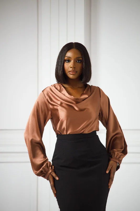 Erilyn Lois silk blouse with a draped cowl and balloon sleeves Polished Work Blouse