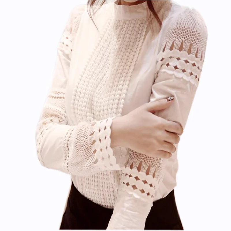 Women's Shirts Long-sleeved Blouses Slim Basic Tops Hollow Lace Shirts For Female J2531 Asymmetric Hem Blouse