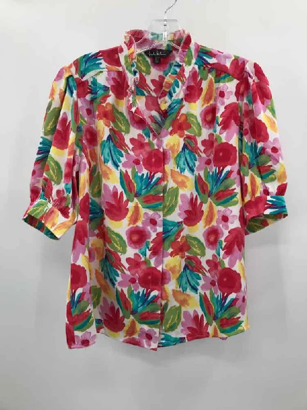 Pre-Owned Nicole Miller White Size Medium Printed Blouse Silky Tunic Blouse