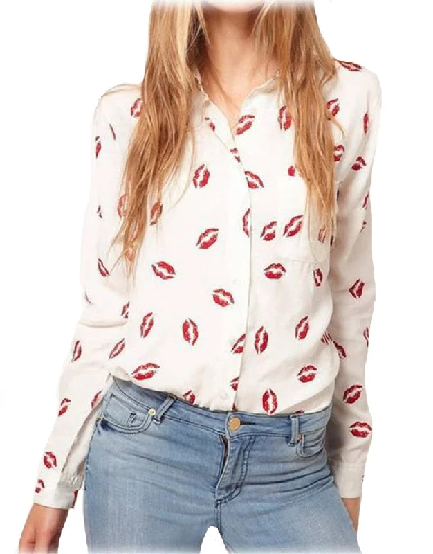 Women Blouse Turn-down Collar Red Lip Print White Lady Chiffon Shirt Long Sleeve blusa Tops Plus Size y487 Casual Relaxed Fit Blouse