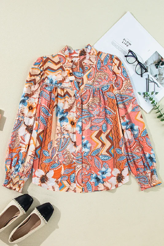 Blue Zone Planet | Orange Floral Print Shirred Cuff Buttoned Loose Shirt-- Nylon Fabric Polyester Fabric Spandex Fabric Blue Zone Planet | Orange Floral Print Shirred Cuff Buttoned Loose Shirt-- Nylon Fabric Polyester Fabric Spandex Fabric