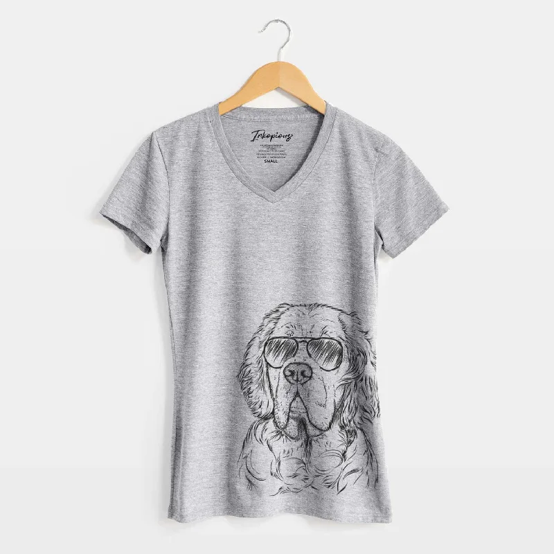 Aviator Gary the Clumber Spaniel - Women's V-neck Shirt-- V-Neck T-Shirt Long Sleeve Cotton Aviator Gary the Clumber Spaniel - Women's V-neck Shirt-- V-Neck T-Shirt Long Sleeve Cotton