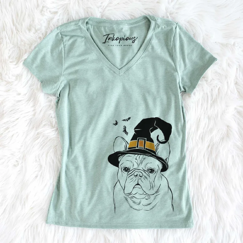 Witch Fudge the French Bulldog - Women's V-neck Shirt-- Satin Blend Silk Blend Wool Blend