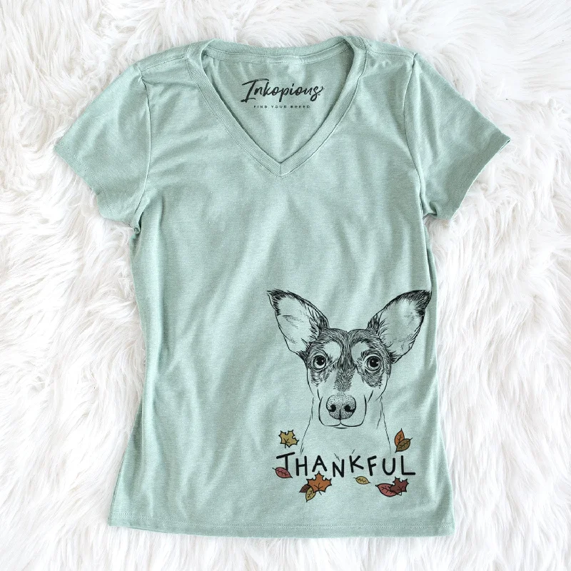 Thankful Chloe the Doxie Mix - Women's V-neck Shirt-- Denim Fabric Leather Fabric Suede Fabric Thankful Chloe the Doxie Mix - Women's V-neck Shirt-- Denim Fabric Leather Fabric Suede Fabric