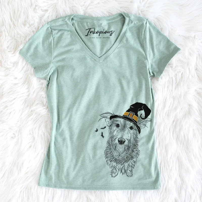 Witch Frida Doggo the Rescue Terrier Mix - Women's Perfect V-neck Shirt-- Graphic Embroidered Appliqued Witch Frida Doggo the Rescue Terrier Mix - Women's Perfect V-neck Shirt-- Graphic Embroidered Appliqued