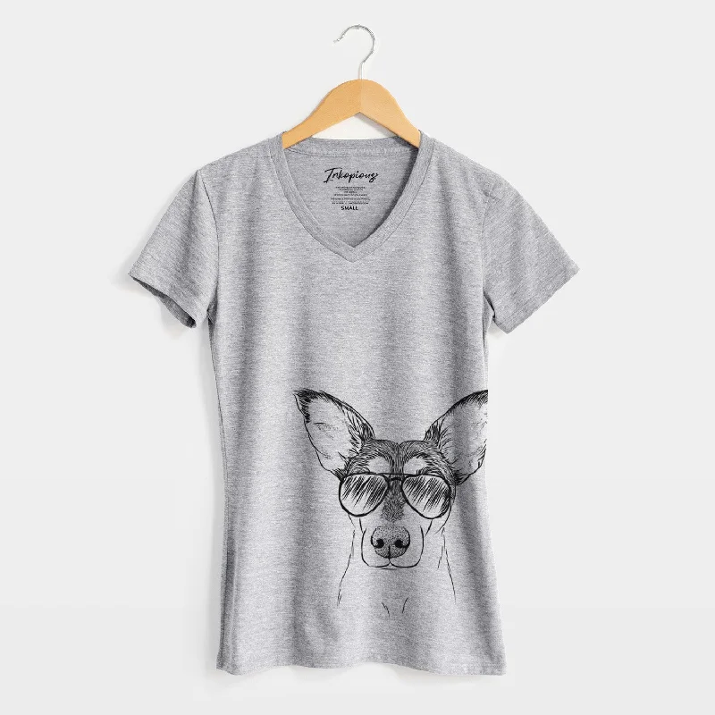 Aviator Chloe the Doxie Mix - Women's V-neck Shirt-- Rayon Fabric Velvet Fabric Corduroy Fabric Aviator Chloe the Doxie Mix - Women's V-neck Shirt-- Rayon Fabric Velvet Fabric Corduroy Fabric