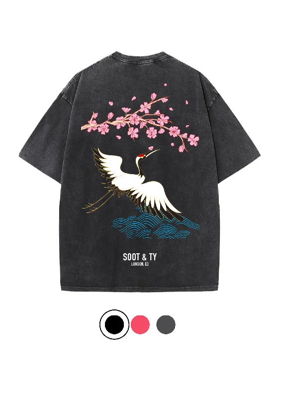 Soot and Ty Pretty Crane Print Relaxed Fit Stonewash T-shirt-- Welt Pockets Slit Pockets Flap Pockets Soot and Ty Pretty Crane Print Relaxed Fit Stonewash T-shirt-- Welt Pockets Slit Pockets Flap Pockets