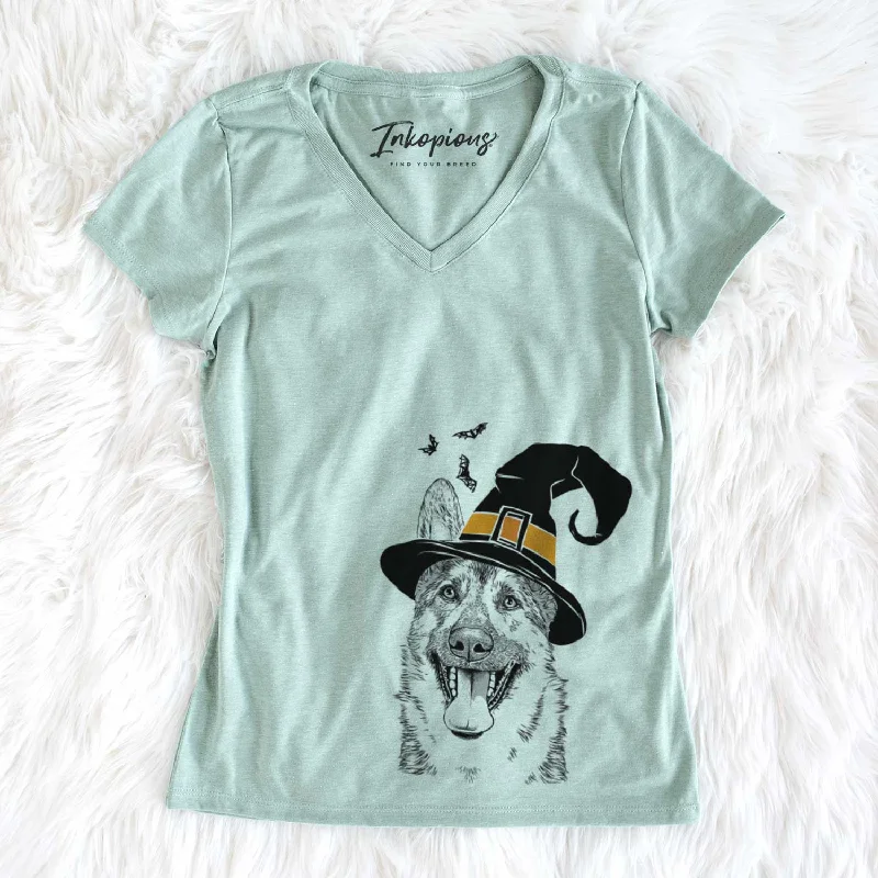 Witch Benson the German Shepherd - Women's V-neck Shirt-- Oversized T-Shirt Spandex breathable