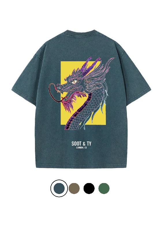 Soot and Ty Dragon Head Print Relaxed Fit Stonewash T-shirt-- Ribbed Striped Patterned Soot and Ty Dragon Head Print Relaxed Fit Stonewash T-shirt-- Ribbed Striped Patterned