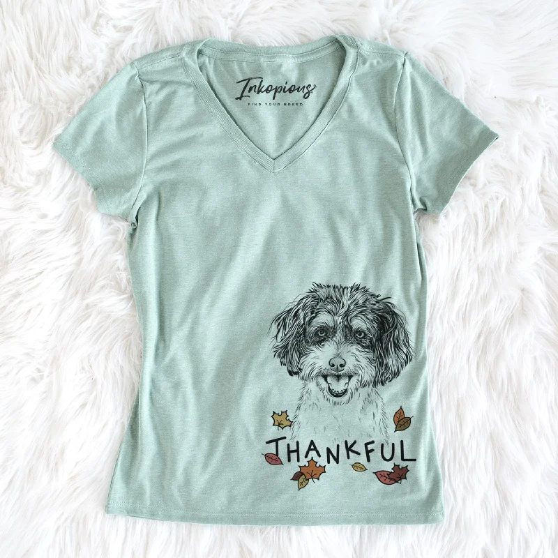 Thankful Carlos the Cavapoo - Women's V-neck Shirt-- Polka Dot Checkered Tartan