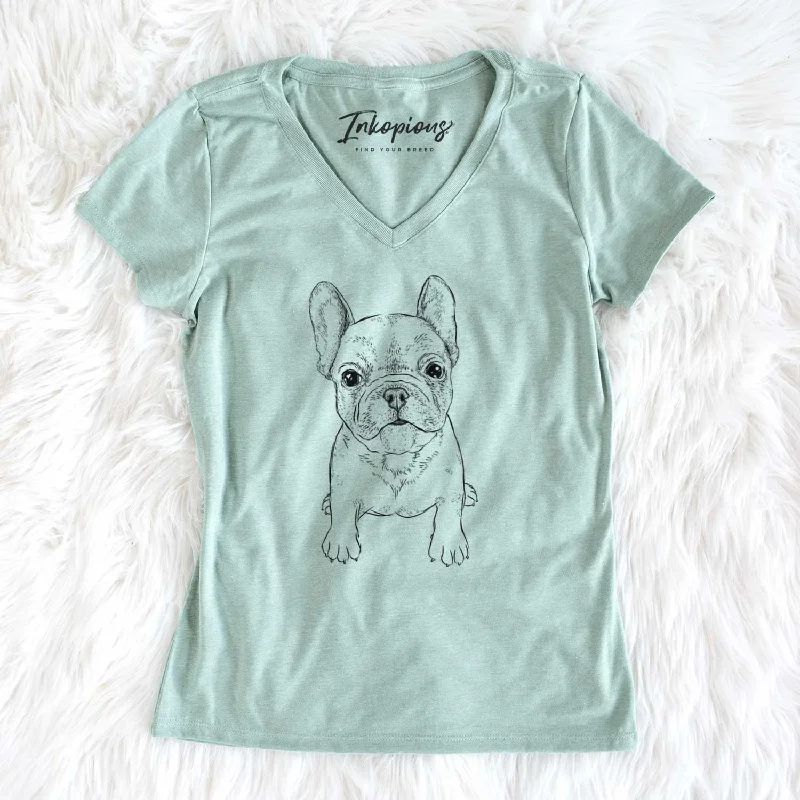 Bare Puppy Pierre the French Bulldog - Women's V-neck Shirt-- V-Neck T-Shirt Long Sleeve Cotton Bare Puppy Pierre the French Bulldog - Women's V-neck Shirt-- V-Neck T-Shirt Long Sleeve Cotton