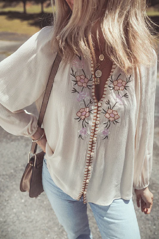 Blue Zone Planet | Beige Floral Embroidered Textured Puff Sleeve Loose Shirt-- Fashionable Trendy Casual Blue Zone Planet | Beige Floral Embroidered Textured Puff Sleeve Loose Shirt-- Fashionable Trendy Casual