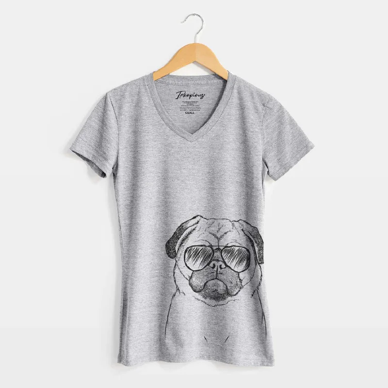 Aviator Ruby the Pug - Women's V-neck Shirt-- Terry Blend Velvet Blend Canvas Blend