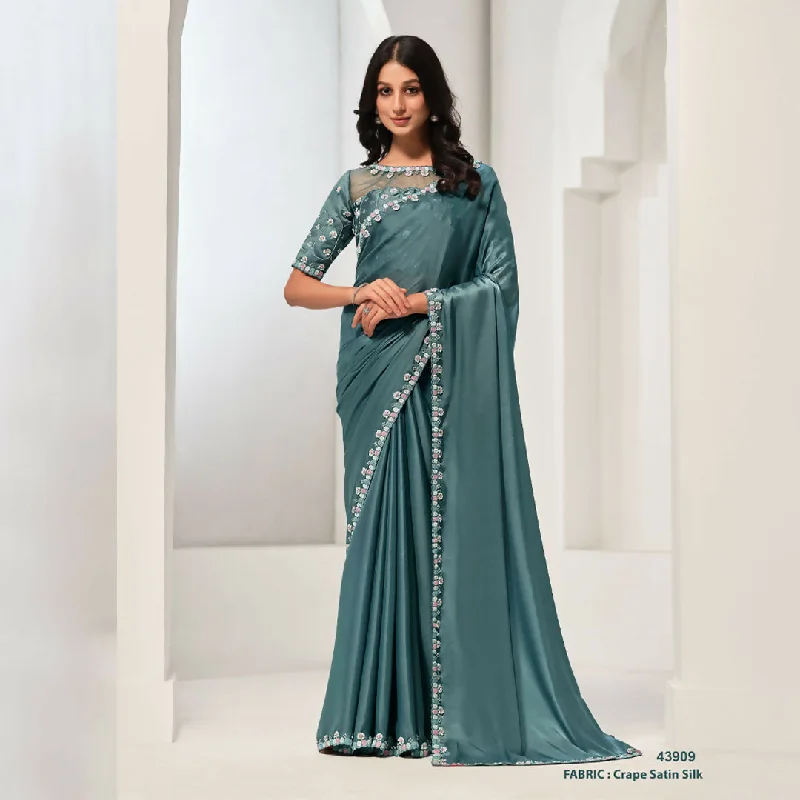 Sea Green Crepe Satin Silk Sequence & Handwork Saree With Unstitched Blouse - Norita Saanjh Peter Pan Collar Blouse Sea Green Crepe Satin Silk Sequence & Handwork Saree With Unstitched Blouse - Norita Saanjh Peter Pan Collar Blouse