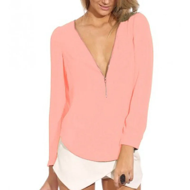 Fashion Autumn V Neck Long Sleeve Zipper Sexy Chiffon Blouses Women work wear Blusas Femininas Tops 6 Color WF-9175 Soft Satin Blouse Fashion Autumn V Neck Long Sleeve Zipper Sexy Chiffon Blouses Women work wear Blusas Femininas Tops 6 Color WF-9175 Soft Satin Blouse