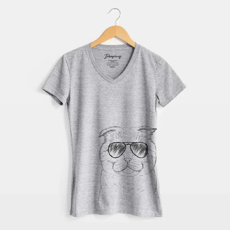 Aviator Neko the Scottish Fold Cat - Women's V-neck Shirt-- Mesh Fabric Canvas Fabric Denim Fabric Aviator Neko the Scottish Fold Cat - Women's V-neck Shirt-- Mesh Fabric Canvas Fabric Denim Fabric