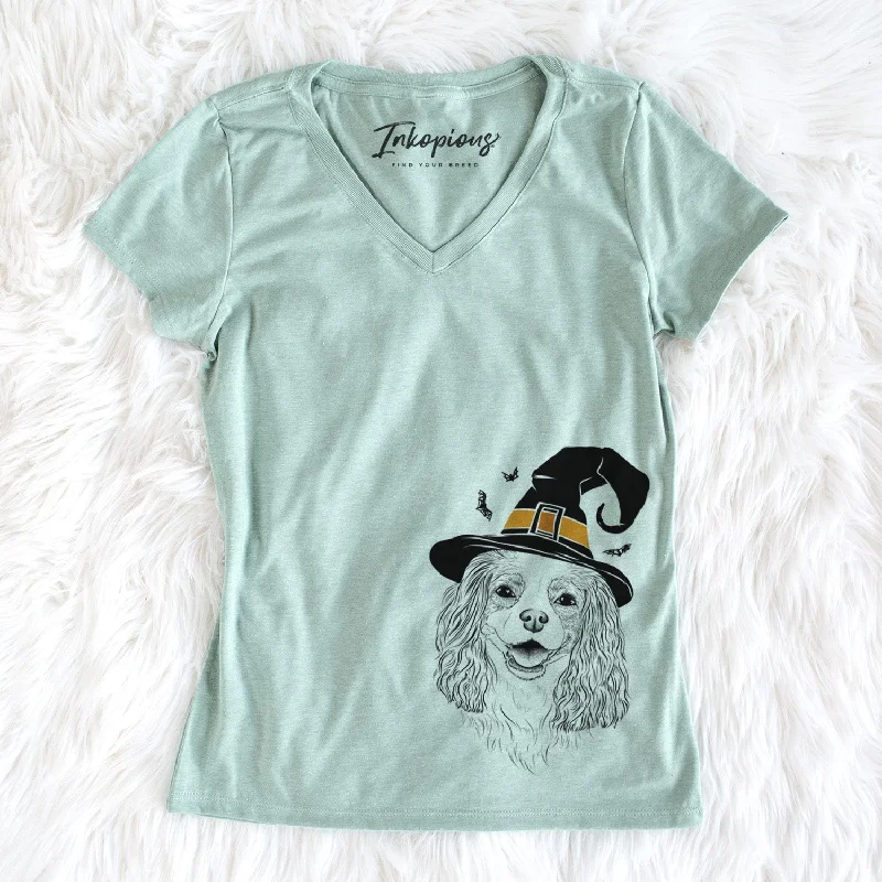 Witch Halley Comet the Cavalier King Charles Spaniel - Women's Perfect V-neck Shirt-- Sequined Glittery Shiny Witch Halley Comet the Cavalier King Charles Spaniel - Women's Perfect V-neck Shirt-- Sequined Glittery Shiny